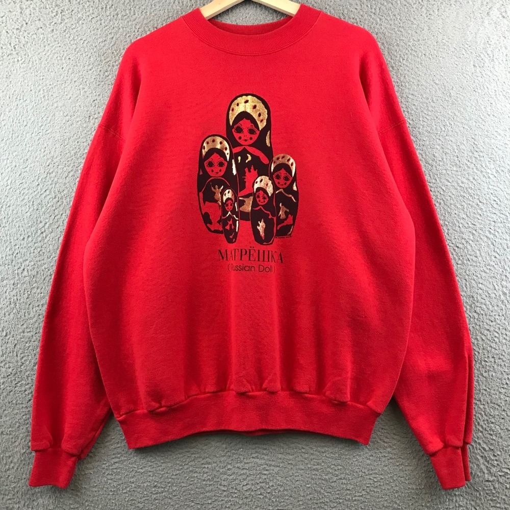 Vintage Hanes Matryoshka Russian Doll Sweatshirt Red‎ XL Crew Neck Pullover